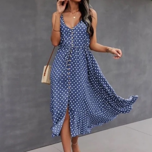 Boho mint green button up v neck tie polka dot dress - Picture 11 of 16